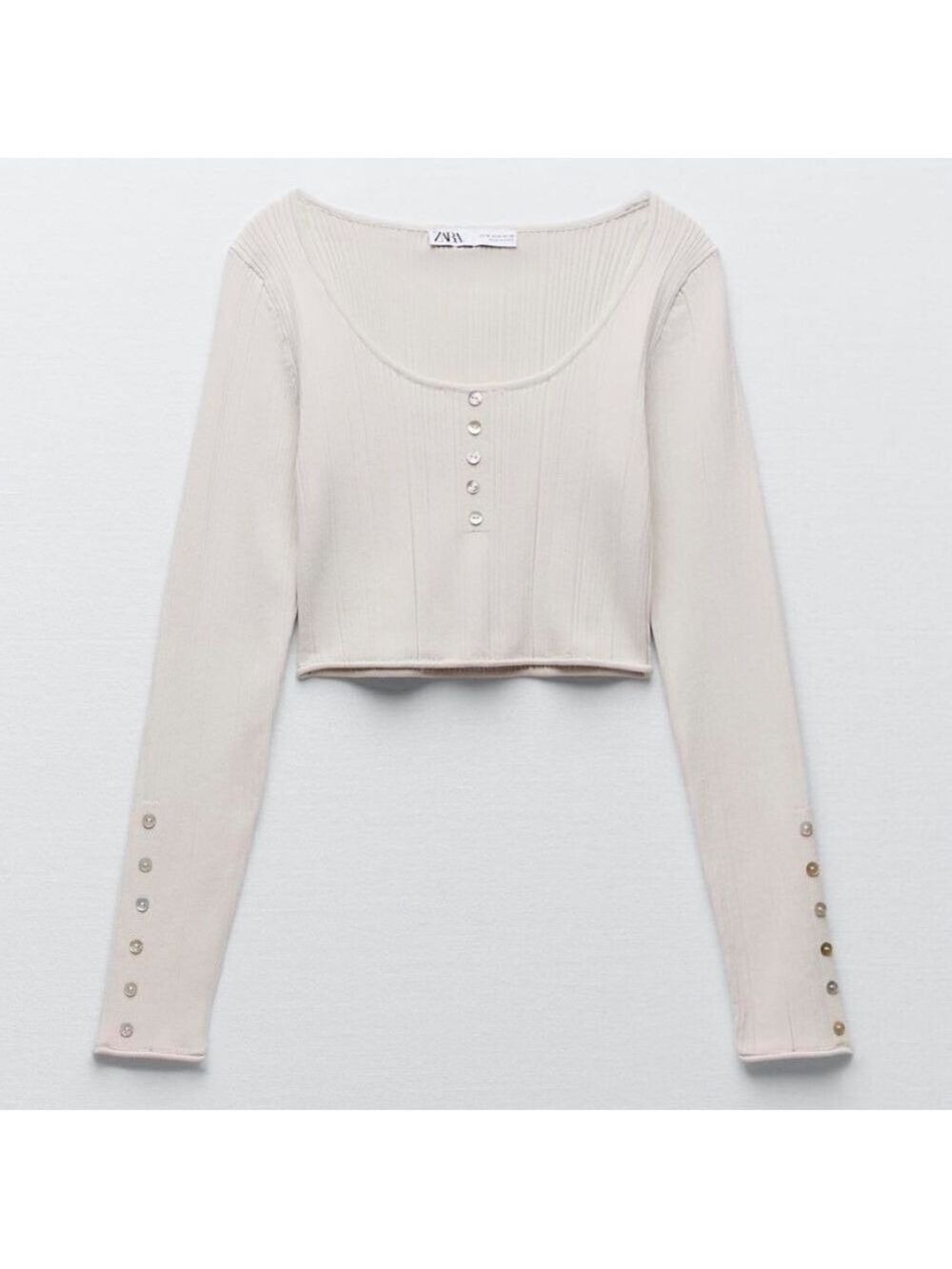 NWT Zara Crop Stretch Top Long Sleeves Ribbed Button Details Size Small